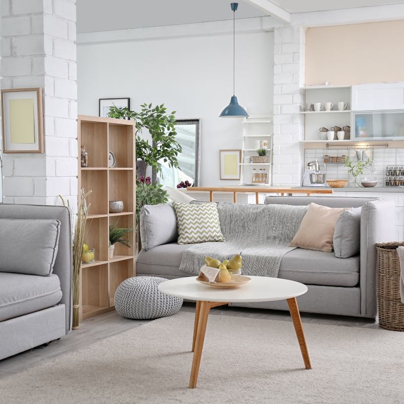 a living room with a couch and a coffee table